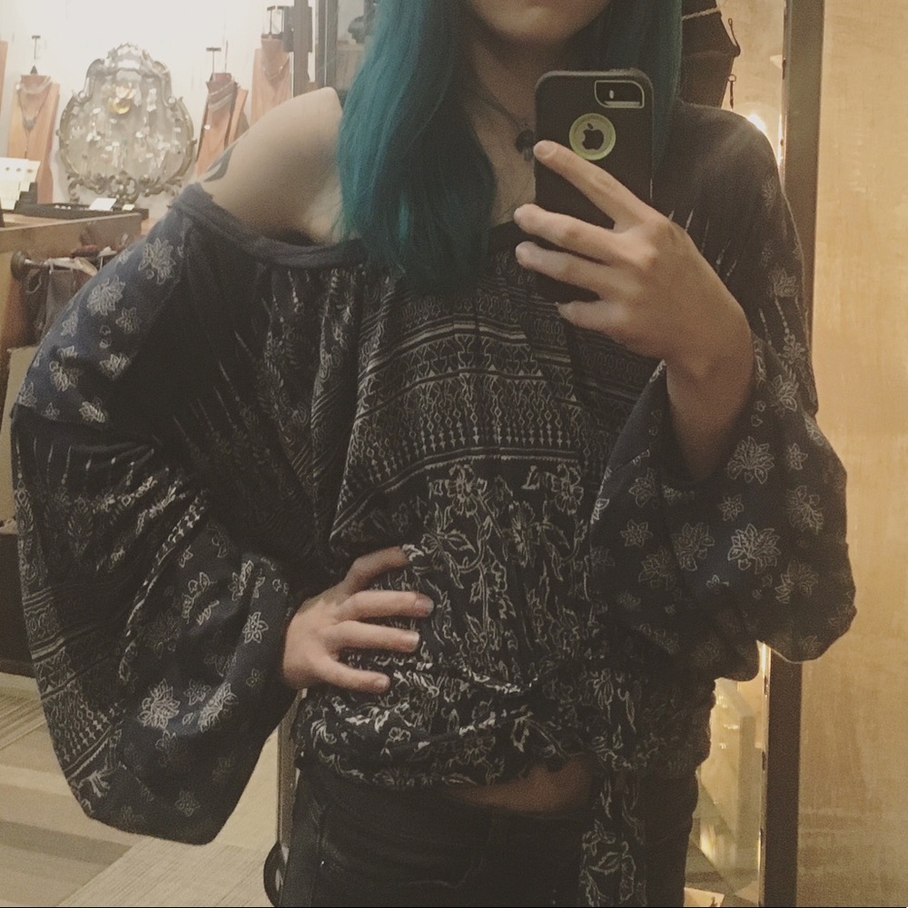 Free People Flowy Boho Blue Long Sleeve Top